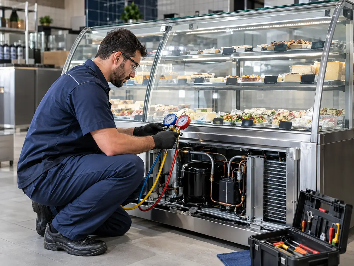 Técnico realizando manutenção em balcão refrigerado comercial