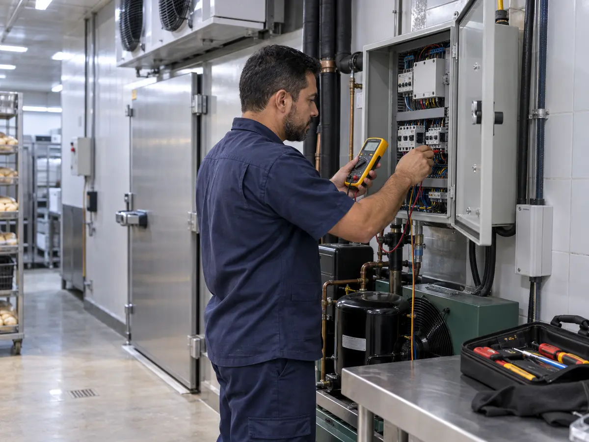 Técnico realizando manutenção em sistema de câmara fria